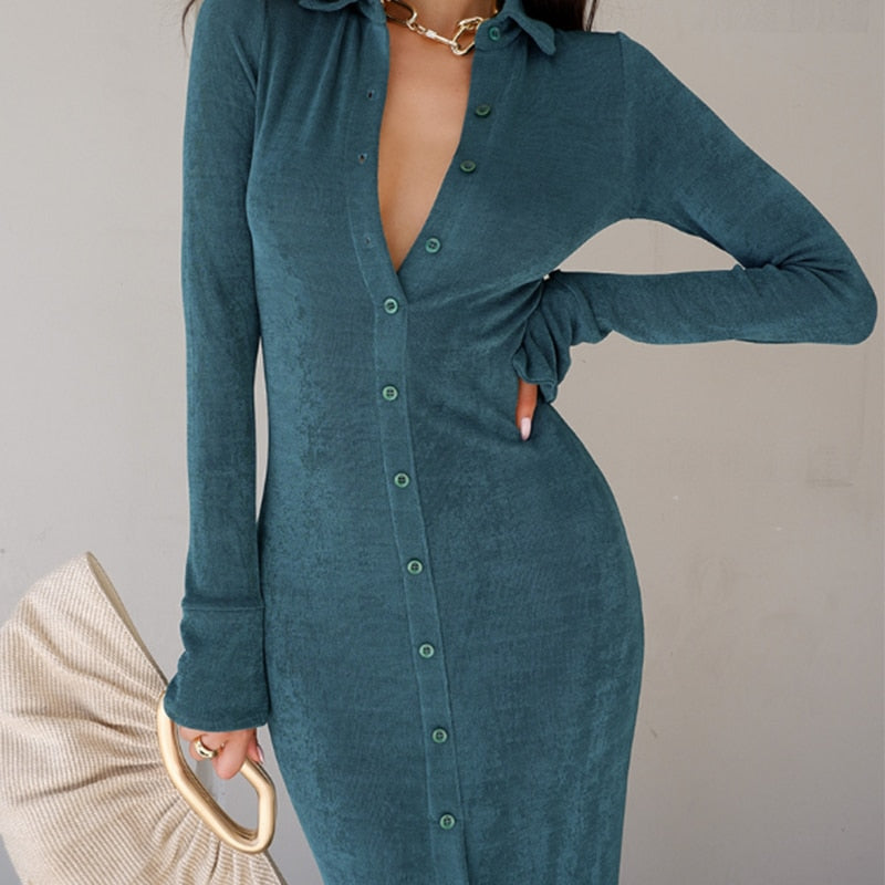 Graduation Gift Big Sale Fashion Ankle-Length Dresses For Women Long Sleeve Autumn Button Green Split Casual Elegant Party Clubwear Solid