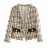 Kukombo Vintage Tweed Plaid Tassels Blazer Suits Set Women Autumn Long Sleeve V Neck Blazer Coats And Skirt Shorts Two Piece Outfits New