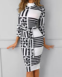 Kukombo Striped Colorblock Insert Women Bodycon Dress Three Quarters Sleeve Mock Neck Office Ladies Casual Midi Dress