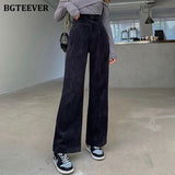 Christmas Gift BGTEEVER Fashion Women Corduroy Long Pant High Waist Double Button Loose Female Straight Leg Trousers Casual Pantalon Femme 2021