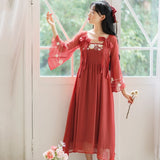 Kukombo French Retro Bow Sweet Embroidered Dress Women 2022 Summer Improved Hanfu Ladies Japanese Square Collar Elegant Gentle Kimono K148