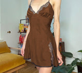 Kukombo Sweetown New Aesthetic Cute Satin Mini Dress Women Lace Trim Brown Vintage Kawaii Clothes Sleeveless V Neck E Girl Dresses