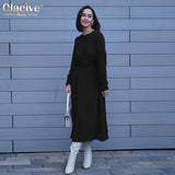 Kukombo Winter O-Neck Purple Elegant Dresses For Women Casual Long Sleeve Office Midi Dress Vintage High Waist Female Dress 2022