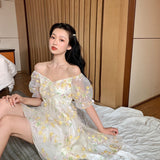 Kukombo  French Floral Dress Women Sexy Puff Sleeve Lace Chiffon Print Mini Dress Women Summer Korean Style Vintage Fairy Dress New 2022 K108(1)