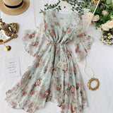 Kukombo Women Chiffon Dress 2022 Summer Sexy V-neck Flare Sleeve Floral Sweet Tulle Dress Elegant Ladies Irregularity Robe