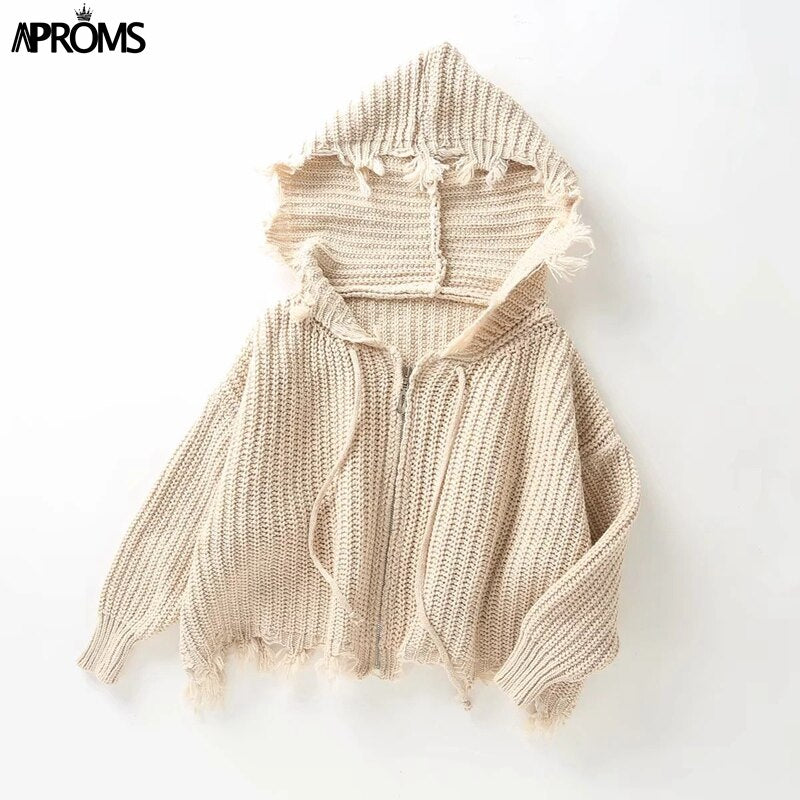 Christmas Gift Aproms Casual Tassel Hooded Knitted Sweater Women Zipper Loose Cropped Cardigans 2021 Winter Coat Cool Gilrs Streetwear Jumper