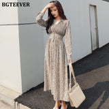 Christmas Gift BGTEEVER Vintage Single-breasted V-neck Floral A-line Women Dress 2021 Autumn Full Sleeve Slim Elastic Waist Midi Female Dress