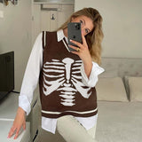 Kukombo Autumn V-Neck Sweater Vest Sternum Skull Printed Knitted Vest Skeleton Loose Casual Sleeveless Top Preppy Style Tops Women