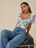Kukombo Vintage Ivory Blue Flower Print Shirt Retro Elastic Ruched Back Square Collar Short Sleeve Short Blouse Tank Top Tops