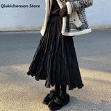 Kukombo 2022 Autumn Winter Wrinkled Black Pleated Skirt Women Korean Style Casual High Waisted A-Line Long Skirts Midi falda plisada