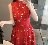Kukombo Vintage Red Lace Dress Women Sleeveless Spring High Waisted Bodycon Dress Ladies Hollow Out Runway Party Clothing Woman