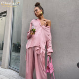 Kukombo Pink Satin High Waist Pants Set Women Elegant Long Sleeve Blouse Shirt Two Piece Pant Set Casual Wide Leg Trousers Suit