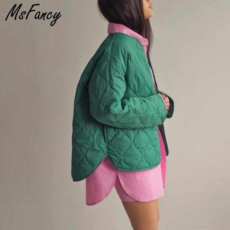 Christmas Gift Msfancy Green Quilted Coats Women 2021 Harajuru O-neck Single Breasted Jacket Fall Female Casual Bomber Jacket