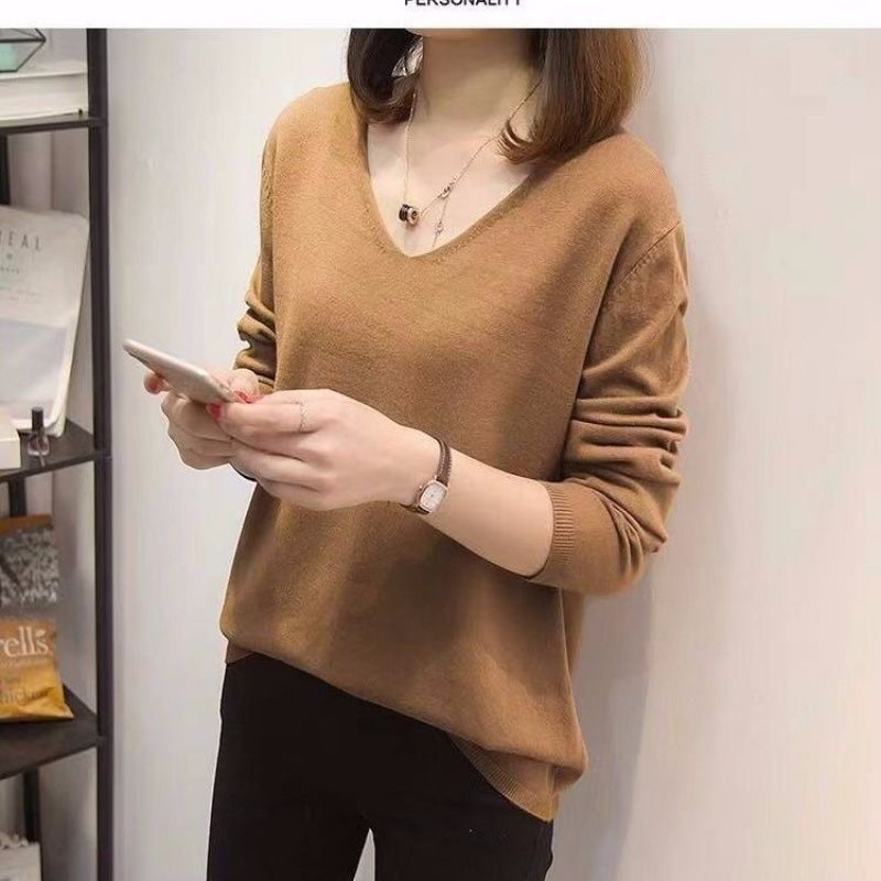Christmas Gift V-neck Oversize Pullovers Sweaters Women's Spring New Solid Knitted Casual Loose Soft Bottoming Female Basic Sweater Top