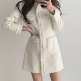 Kukombo Vintage Beige Tweed Dress Woman Single Breasted Elegant Party Mini Dresses Female Autumn Winter Wool Blend Dress Vestidos Mujer