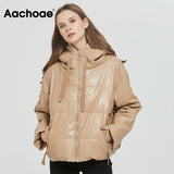 Christmas Gift Women Thick Warm PU Faux Leather Padded Coat 2021 Winter Zipper Hooded Jacket Parka Long Sleeve Pockets Outerwear Tops
