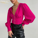 Kukombo Sexy V-Neck Pink Women Shirt 2021 Autumn Long Sleeve Fashion Blouse Casual Slim Single-Breasted Blue Blouses And Shirts