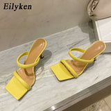 Christmas Gift Eilyken 2021 New Summer Yellow White Thin Heels Slippers Sandals Women Square toe Mules slippers Beach Leisure slides