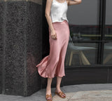 Kukombo Satin High Waist Skirts Women New Soft Smooth Silk Office Lady Basic Midi Skirt Chic Elegant Glossy Long Skirt