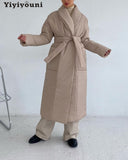 Christmas Gift Yiyiyouni Winter Thicken Belted Padded Parkas Women Cotton Loose Warm Down Jackets Female Long Bubble Coat Solid Overcoat 2021