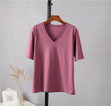 Christmas Gift Hirsionsan 100% Cotton Summer T Shirt Women Soft Short Sleeve  V Neck Female Tees Basic Kintwear Tops Harajuku Tshirt for Ladies