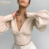 Kukombo Sexy V-Neck Pink Women Shirt 2021 Autumn Long Sleeve Fashion Blouse Casual Slim Single-Breasted Blue Blouses And Shirts