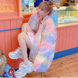 Kukombo  Rainbow Knitted Cardigan Women Autumn winter Sweet Kawaii Sweater Coat Female long Korean Button Down Cardigan Fall 2022 Women
