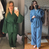 Kukombo Cotton Women's Nightgown 2 Pieces Set Drop Sleeves Robe Trouser Suits Flare Female Pajamas Summer Bathrobe For Woman 2022