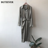 Christmas Gift BGTEEVER Fashion Turn-down Collar Women Satin Mid-length Dress Casual Loose Irregular Belted Female Dress 2021 Summer