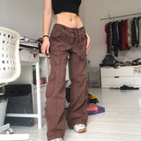 Kukombo Vintage Pockets Jeans Loose Mid-Waisted Cargo Pants Casual Wide Leg Pants Cool Women'S Trousers 2022 Fashion Streetwear