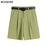 Christmas Gift BGTEEVER Fashion High Waist Women Shorts Casual Half- length Sashes Belted Women Loose Shorts Pockets 2021 Spring Summer