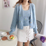 Kukombo  2022 Autumn Urban Casual Korean-Style Women's Wear V-Neck Slim-Fit Embroidered Flower Two-Pieces Knitted Sweater Cardigan
