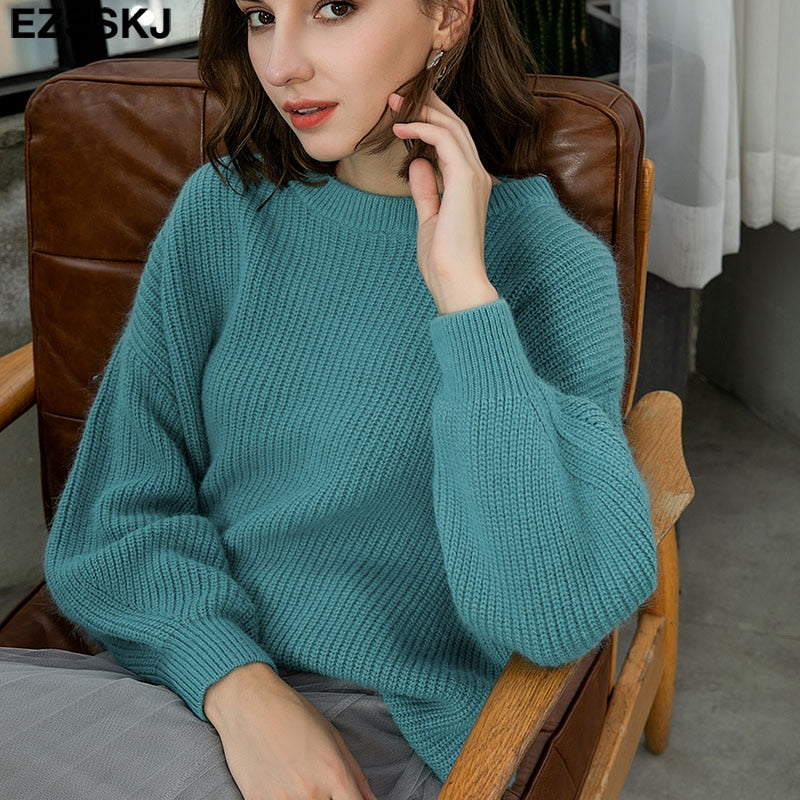 Christmas Gift EZSSKJ Soft oversized Cashmere Sweaters Women 2021 puff sleeve Winter sweater Pullovers Loose Female  Warm Basic sweater Jumper