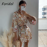 Kukombo Woman Short Kimono Robe Dress Shirt V Neck Paisley Print Flare Sleeves Side Split Vintage Mini Dress Loose Vestido Boho Dress