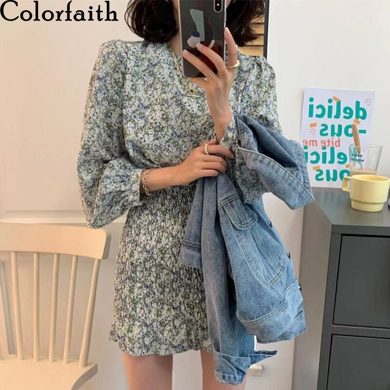 Christmas Gift  New 2021 Women Summer Autunm Dresses Floral Printed Vintage High Waist Korean Package Hip Lady Mini Dresses DR21107