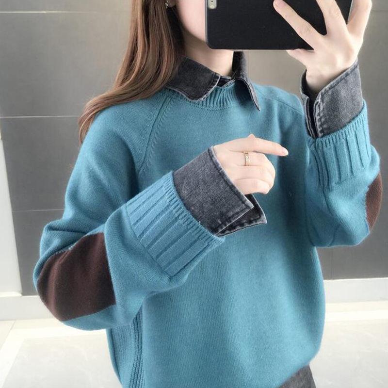 Kukombo Woman Sweater Patchwork Fake Two-piece Denim Turn-Down Collar Autumn Winter Casual Knitted Pullovers Korean Chic Top