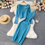 Kukombo Women Elegant Slim Two Piece Sets Female Sweater Dress Autumn Winter High Waist Knitted Ensemble Femme Medium Long Party Dresses