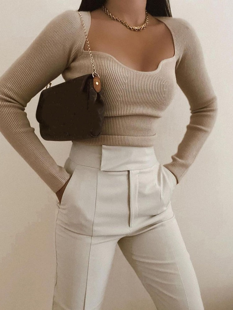 Kukombo Stylish Chic Beige Knitted Cropped Blouses Women 2023 Square Collar Shirts Girls Streetwear Casual Tops Fall Long Sleeve