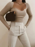 Kukombo Stylish Chic Beige Knitted Cropped Blouses Women 2022 Fashion Sexy Square Collar Shirts Girls Streetwear Casual Tops