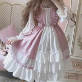 Kukombo Kawaii Lolita Maid Dress Pink Goth Gothic Birthday Party Dress Puff Sleeve Japanese Harajuku Ruffle Lace-Up Soft Girls