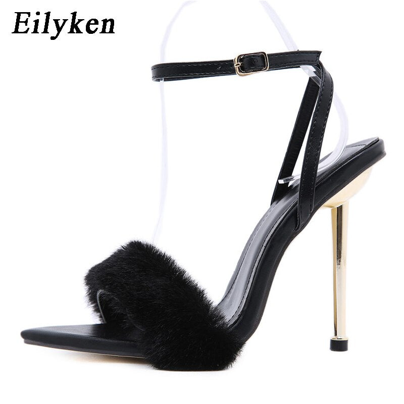 Christmas Gift Eilyken 2021 New Pink White Women Sandals Sexy Open Toe Furry Fur Summer High-Heeled Sandals Ladies Wedding Stripper shoes