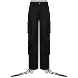 Kukombo Light Brown Big Pockets Casual Cargo Pants Women Low Waist Wide Leg Baggy Denim Trousers Vintage Oversized Jeans Street