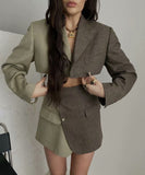 Kukombo Fashion Women Vintage Patchwork Crop Blazer Mujer Notched Collar Single Button Suit Outerwear Autumn Chic Tops