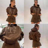 Kukombo Harajuku Oversized Hoodies Women Brown Letter Embroidery Cotton Long Sleeve Pullover Girls Casual Aesthetic Sweatshirts