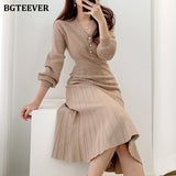 Christmas Gift BGTEEVER Elegant Women Single-breasted Sweater Dress 2021 Winter Warm Slim Waist Female Knitted Dress A-line Vestidos femme