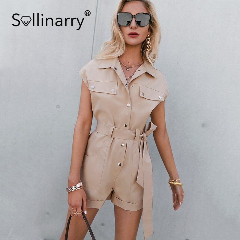 Christmas Gift Pure color sleeveless pockets belt romper Single-breasted cool jumpsuit romper High street overall fashion romper new