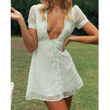 Kukombo sheer sleeve summer white dress women sexy deep v neck polka dot dress button beach holiday short dress vestidos 2022