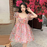 Kukombo  Floral Sweet Princess Dress Women Vintage Puff Sleeve Sexy V-Neck Mini Dress Female Evening Party Korean Fairy Dresses 2022 Y2k