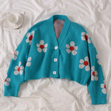 Christmas Gift Harajuku Girls Sweet Green Flower Cropped Cardigan Women Oversized Batwing Sleeve Sweater Knitwear Autumn Winter Warm Knit Coats