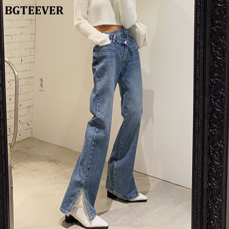 Christmas Gift BGTEEVER Casual Asymmetric High Waist Straight Jeans for Women Side Split Denim Blue Jeans Trousers Female Long Pantalon Femme